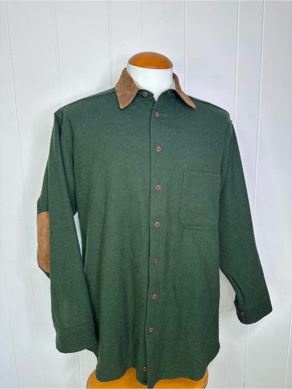Vintage Woolrich Green Wool Flannel Shirt Leather Elbow Patches